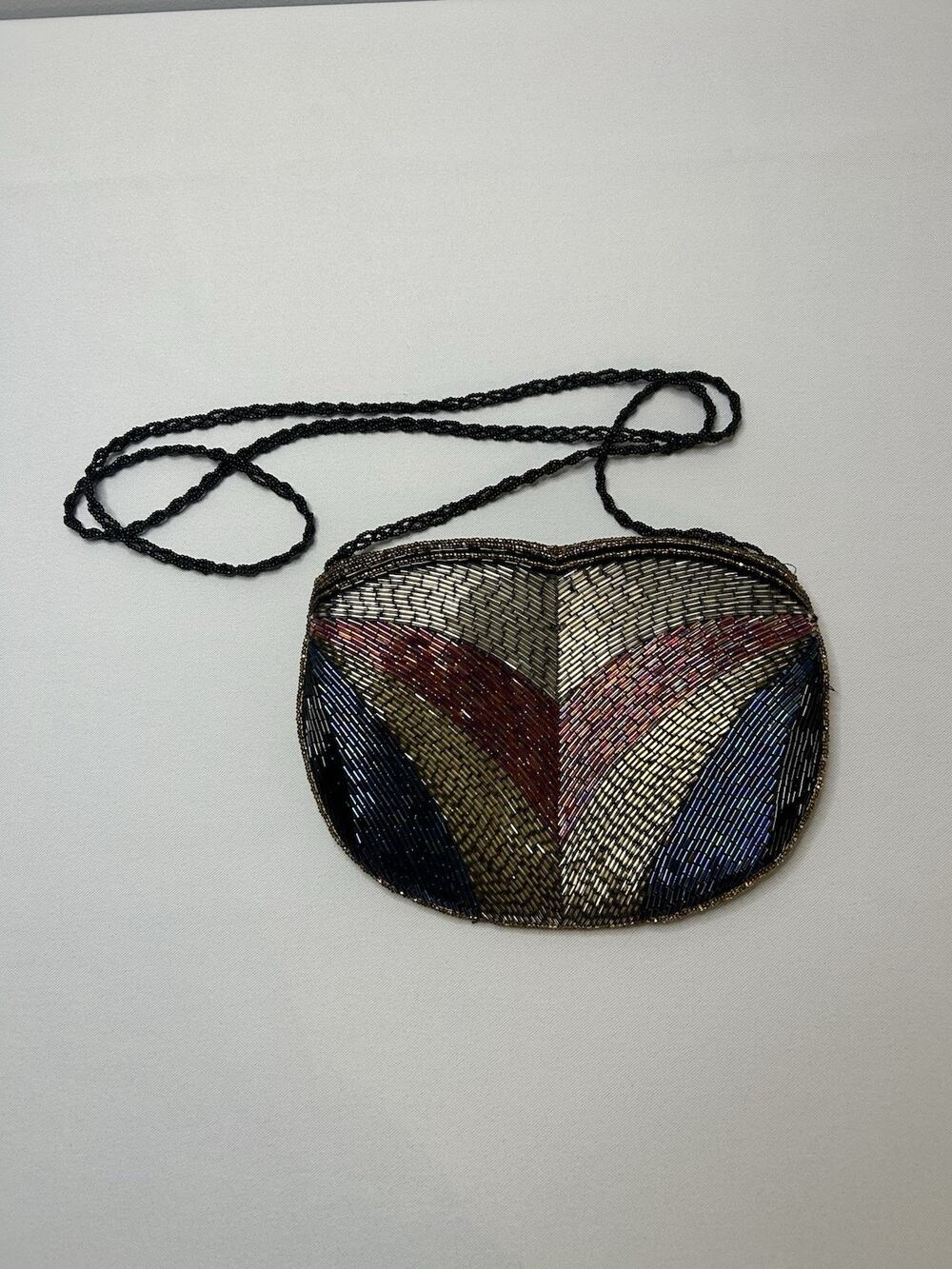 Vintage Hand Beaded Evening Bag Metallic Bugle Bead Clutch Shoulder Purse